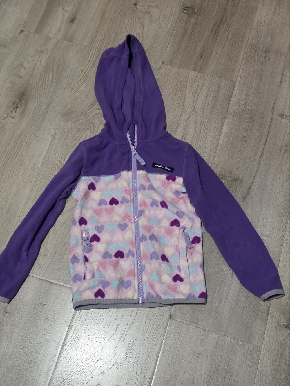 Lands' End Purple Hooded Fleece Jacket with Pastel Heart Panel